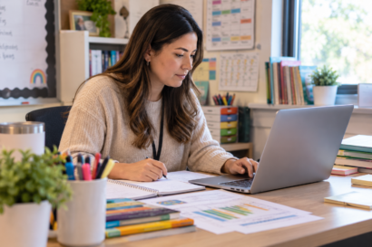 A special educator reviewing student progress data and writing a standards-aligned IEP goal